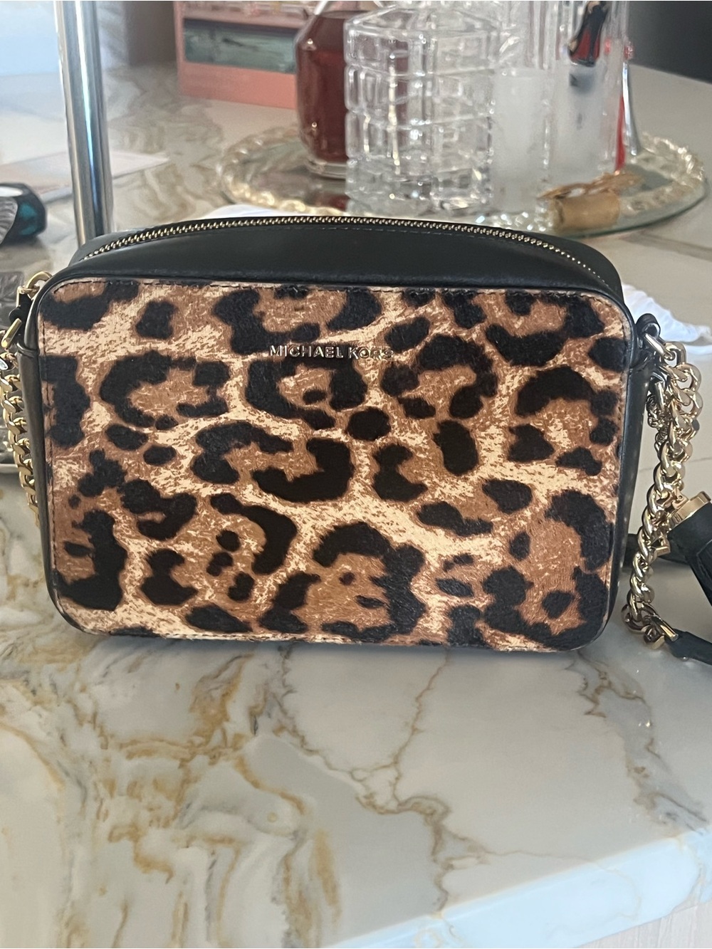 Michael Kors Leopard Print Crossbody with Gold Chain and Black Trim
